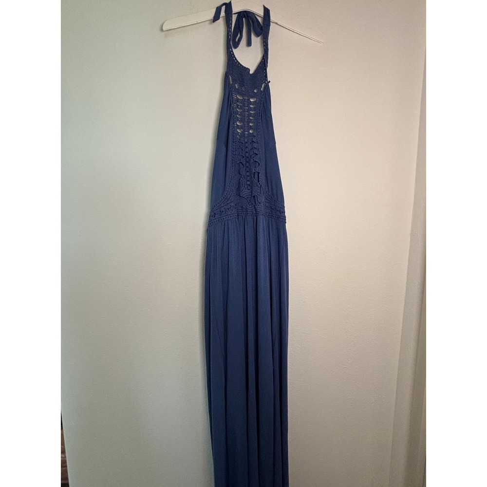 C by Charlotte Blue Crochet Halter Maxi Dress XL Boho Side Slit Gown
